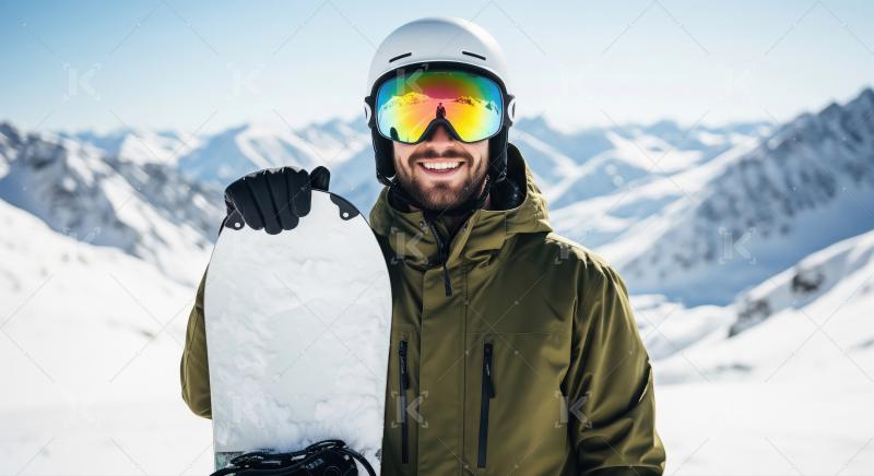 Snowboarder standing on a snowy mountain peak at sunrise dressed
