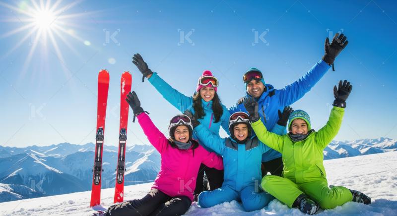 Happy family in colorful winter jackets and ski gear standing wi