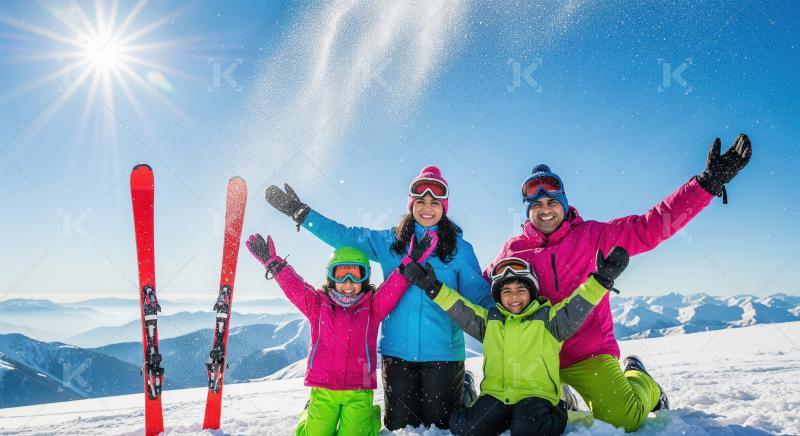 Happy family in colorful winter jackets and ski gear standing wi