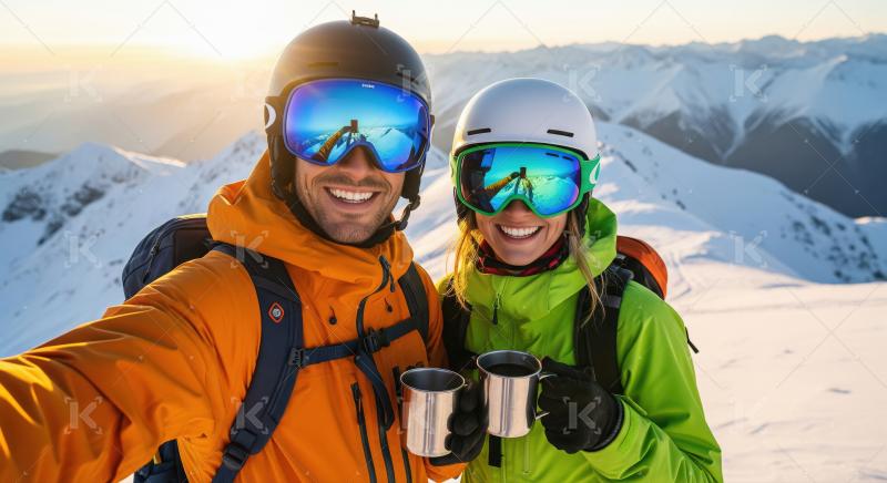 Cheerful couple wearing vibrant ski jackets and helmets posing t