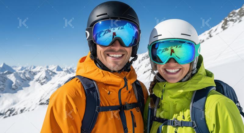 Cheerful couple wearing vibrant ski jackets and helmets posing t