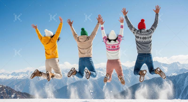 Group of friends dressed in colorful winter clothing joyfully ju