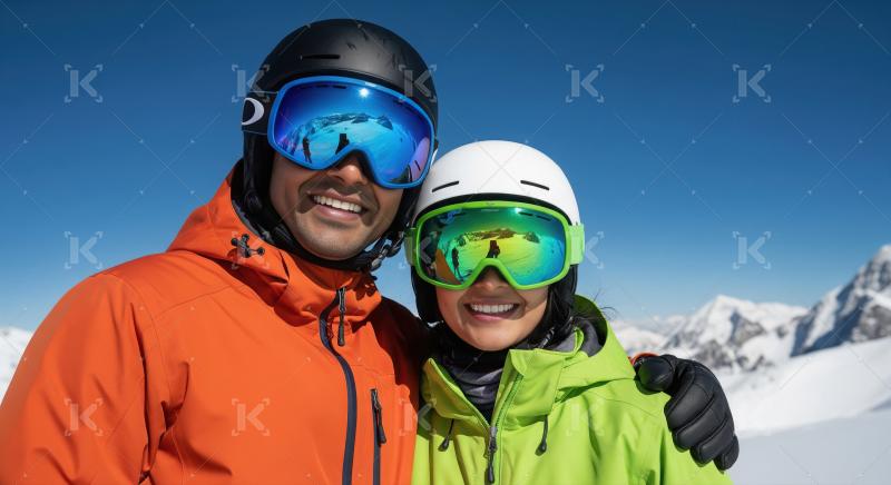 Cheerful couple wearing vibrant ski jackets and helmets posing t