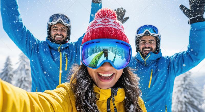 Cheerful group of friends in colorful winter jackets and hats pl