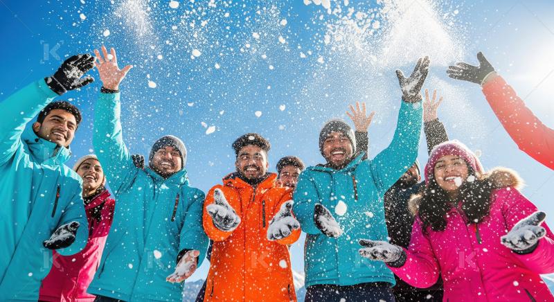 Cheerful group of friends in colorful winter jackets and hats pl
