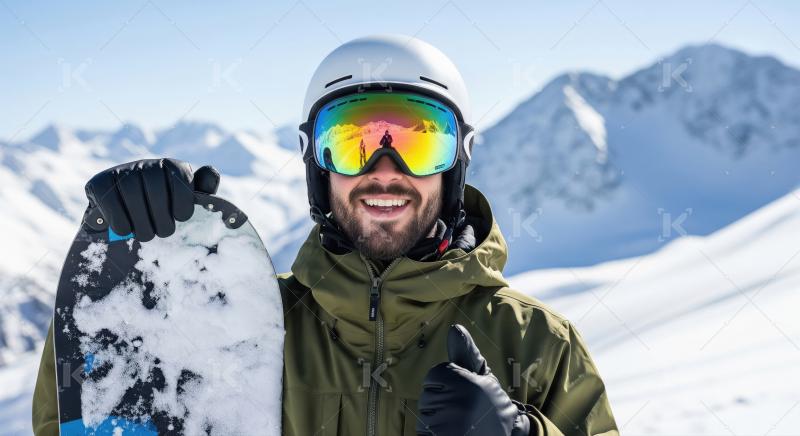 Snowboarder standing on a snowy mountain peak at sunrise dressed