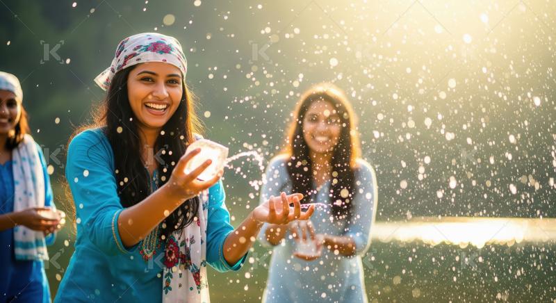 Group of young indian women smiling and playing with snowballs i