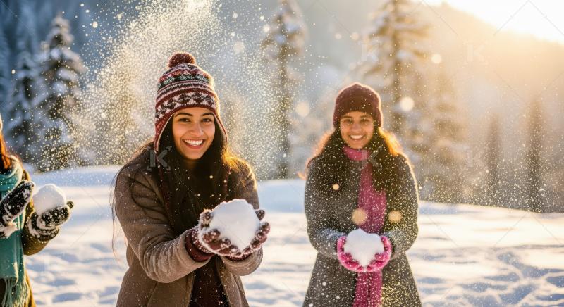 Group of young indian women smiling and playing with snowballs i