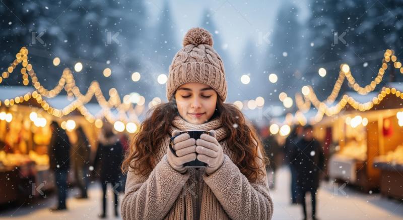 Young girl in a warm knitted outfit enjoying a hot drink under f