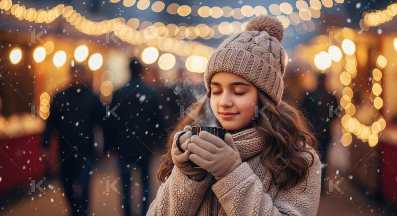Young girl in a warm knitted outfit enjoying a hot drink under f