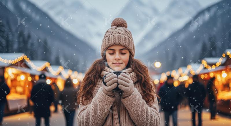 Young girl in a warm knitted outfit enjoying a hot drink under f