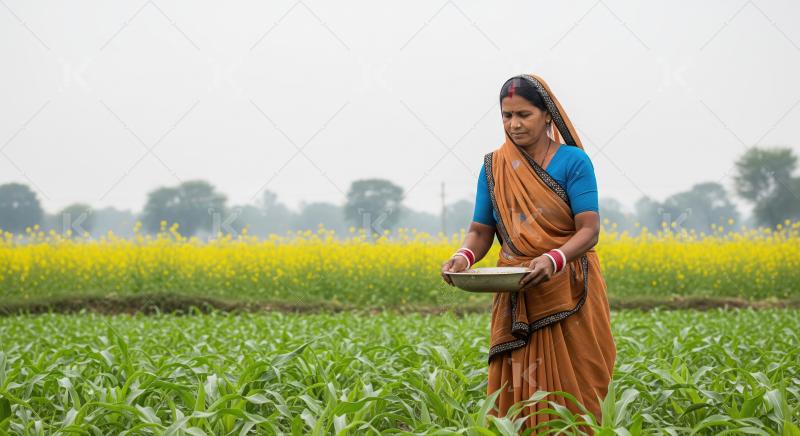 Indian rural woman in a traditional sari standing in a lush gree