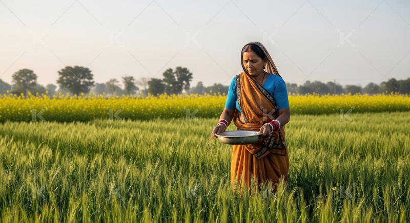 Indian rural woman in a traditional sari standing in a lush gree