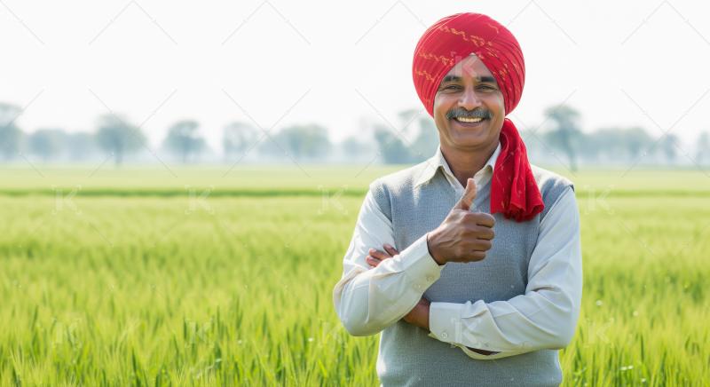 Proud Indian farmer in a lush green wheat field wearing a red tu