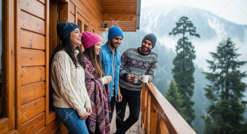 Group of indian friends enjoying hot drinks on a wooden cabin ba