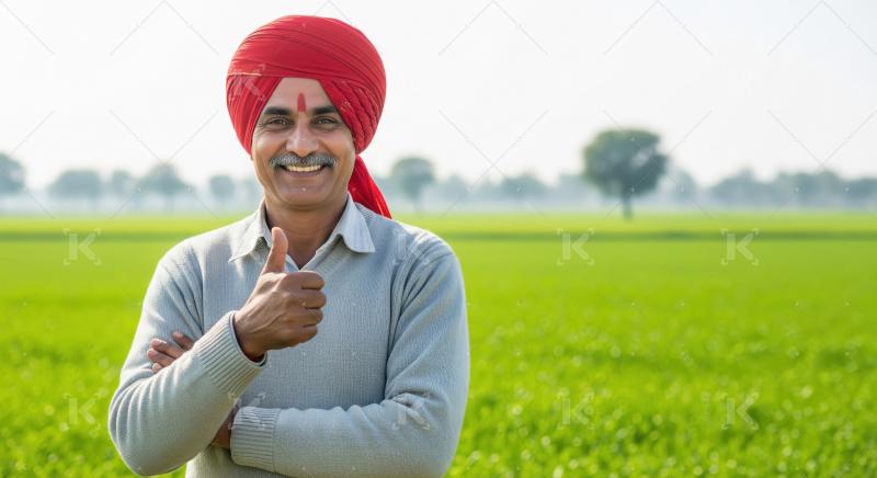 Proud Indian farmer in a lush green wheat field wearing a red tu