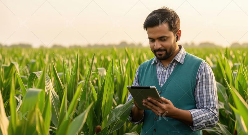 Modern indian farmer standing in a vibrant green cornfield durin