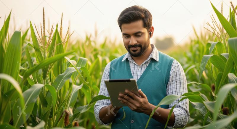 Modern indian farmer standing in a vibrant green cornfield durin