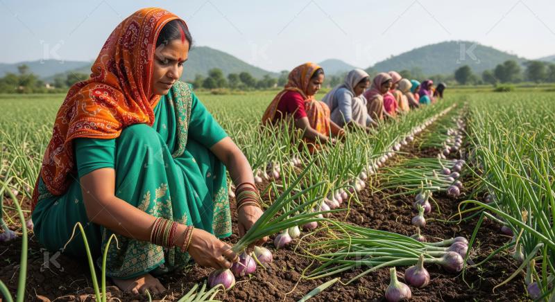 Rural Indian women farmers sitting in rows harvesting crops and
