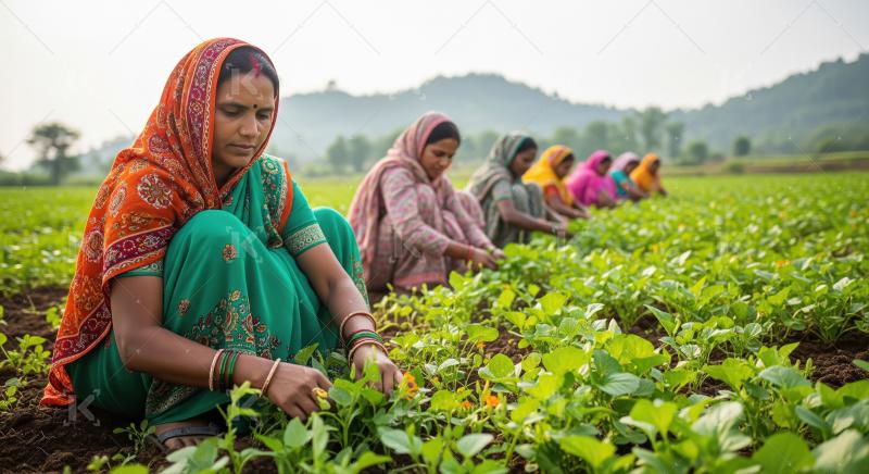 Rural Indian women farmers sitting in rows harvesting crops and