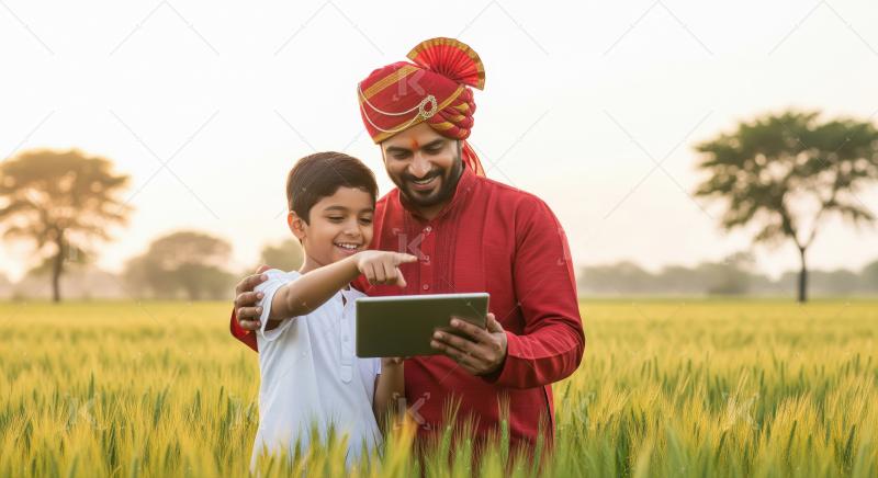 Indian farmer and his son standing in a green wheat field smilin