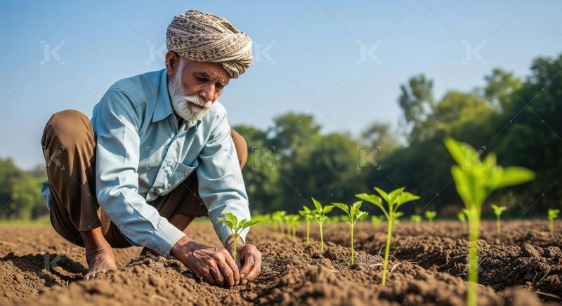 Elderly Indian farmer in traditional attire planting young sapli