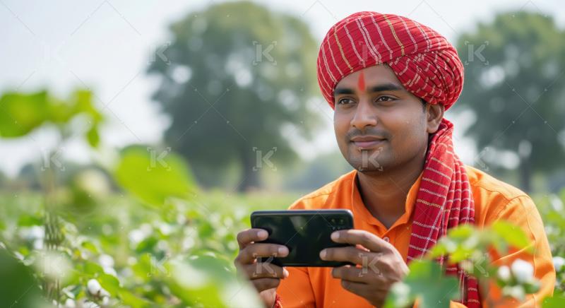Modern Indian farmer in traditional dress using digital technolo