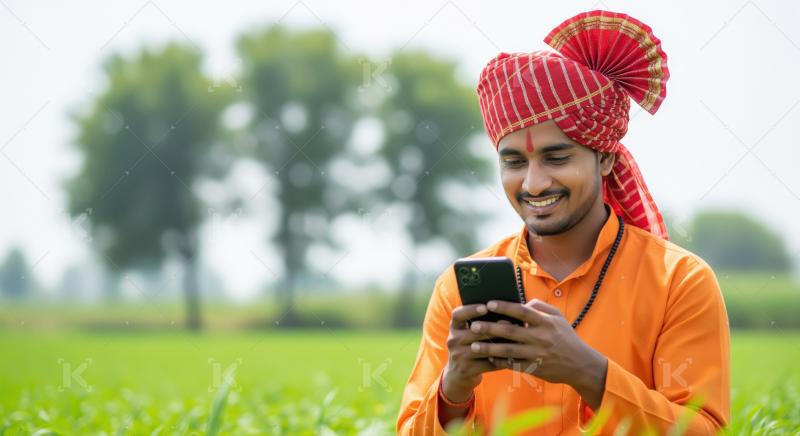 Modern Indian farmer in traditional dress using digital technolo