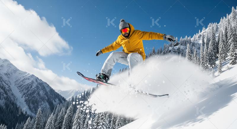 Snowboarder in a yellow jacket performs an aerial trick soaring