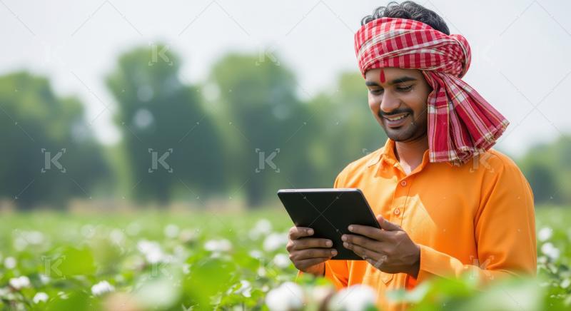 Modern Indian farmer in traditional dress using digital technolo