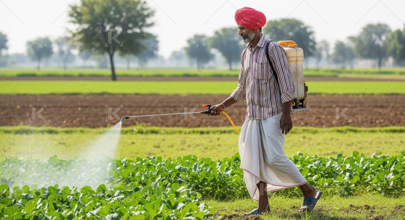 Rural Indian farmer with a red turban manually spraying pesticid