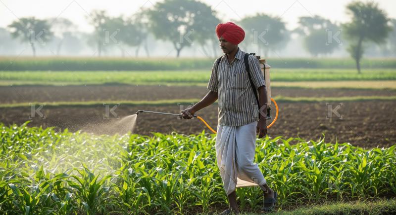Rural Indian farmer with a red turban manually spraying pesticid