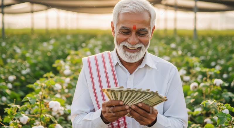 Successful Indian farmer in a white shirt and traditional attire