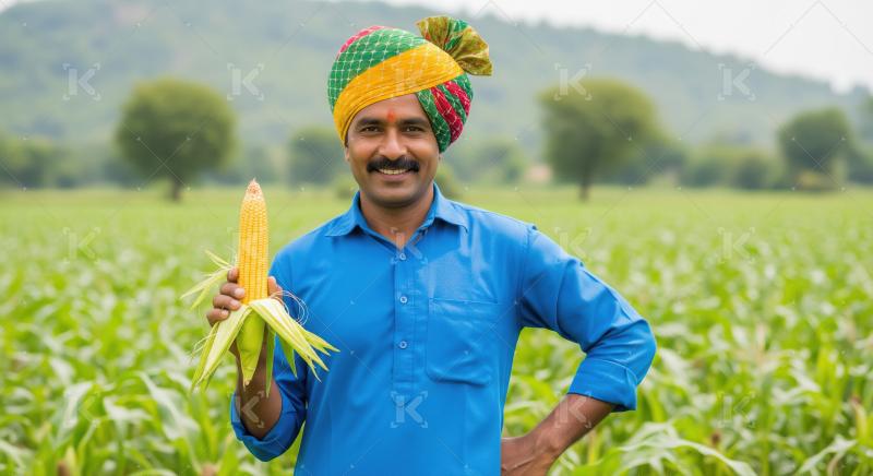 Farmer in traditional Indian attire standing in a lush green agr