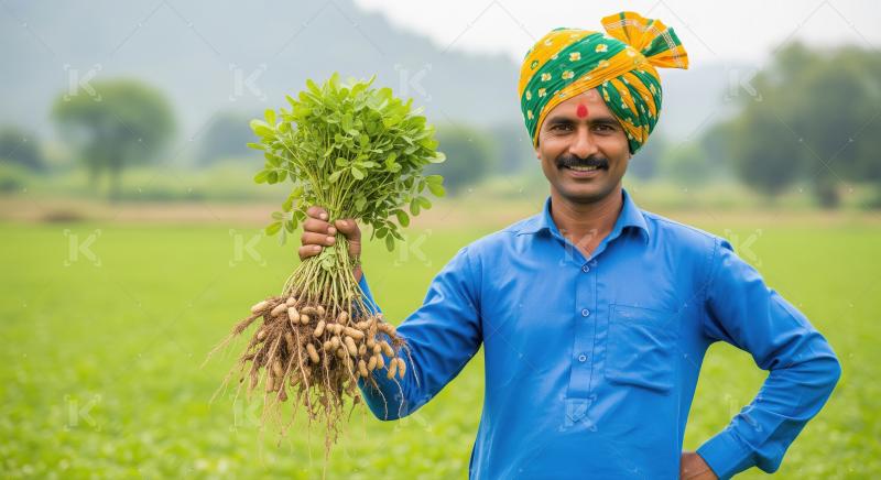 Farmer in traditional Indian attire standing in a lush green agr