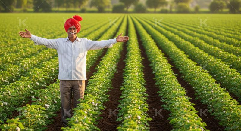 Indian farmer wearing a red turban proudly standing with open ar