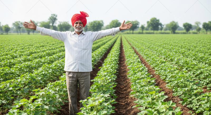 Indian farmer wearing a red turban proudly standing with open ar