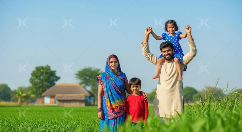 Happy rural Indian family standing together in a green field on