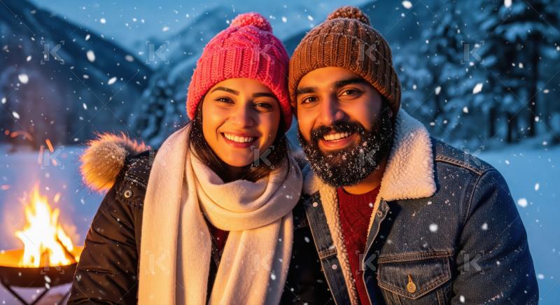 Romantic indian couple dressed in warm clothes and beanies toget