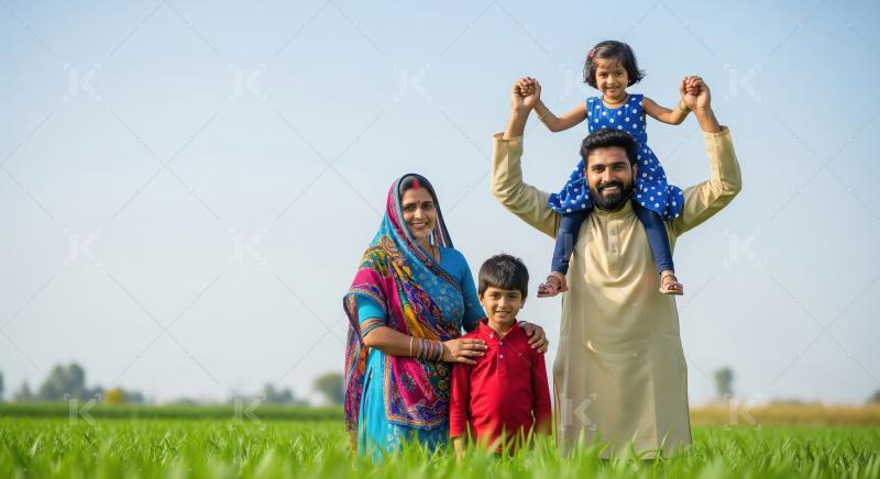 Happy rural Indian family standing together in a green field on