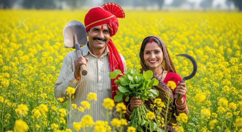Joyful Indian farmer couple standing in a blooming mustard field