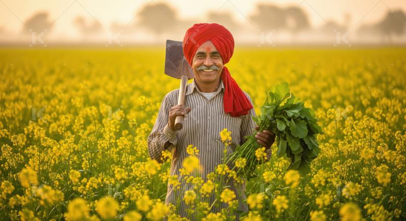 Traditional Indian farmer in a yellow mustard field at sunrise h