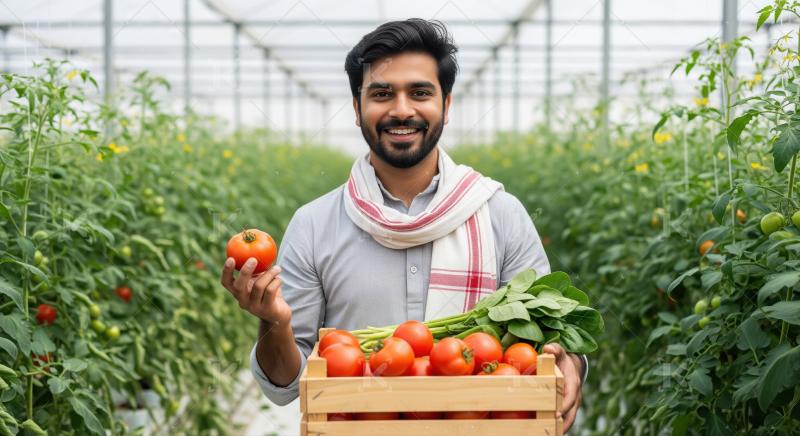 Indian farmer in a greenhouse holding a wooden basket filled wit
