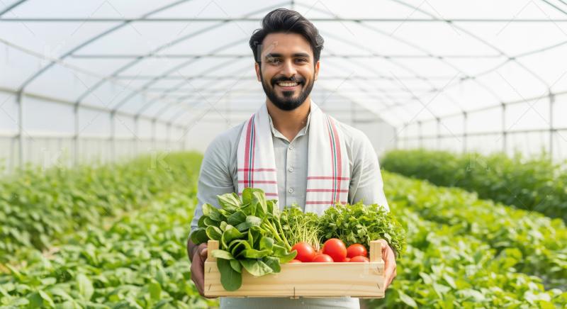 Indian farmer in a greenhouse holding a wooden basket filled wit