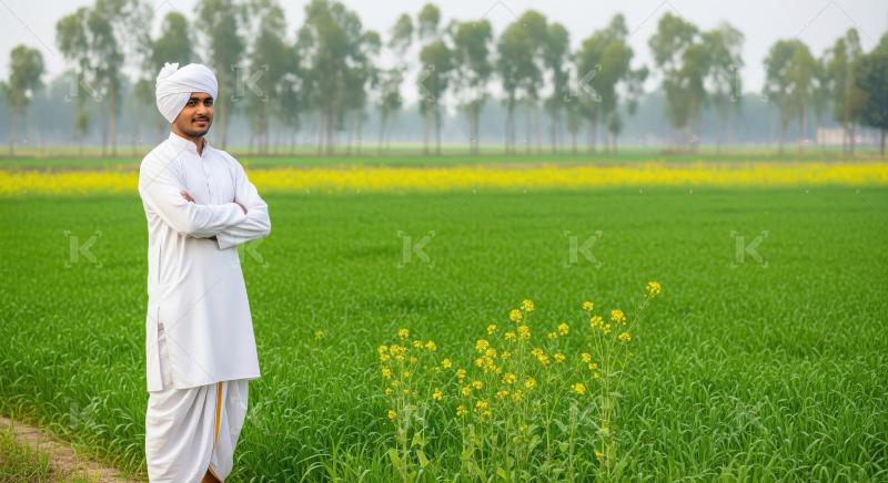 Indian farmer in traditional attire standing in a lush green agr