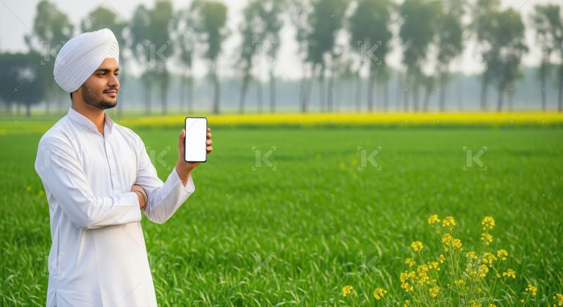 Indian farmer in traditional attire standing in a lush green agr