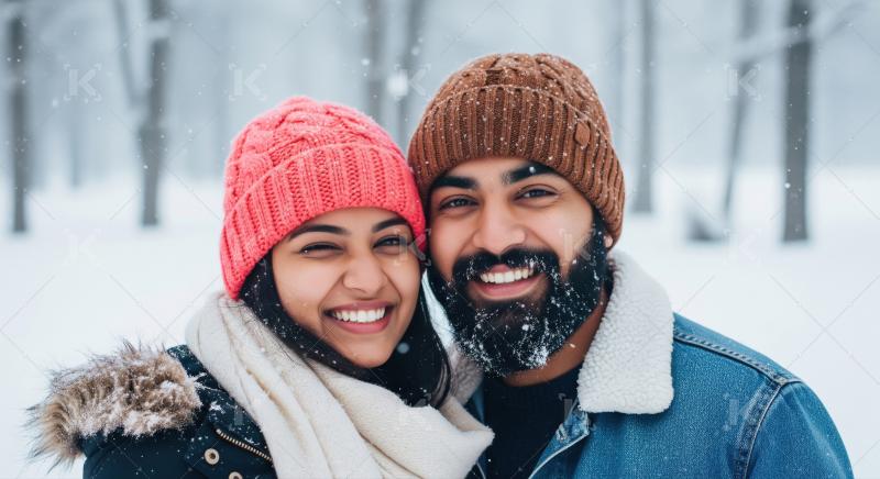 Romantic indian couple dressed in warm clothes and beanies toget