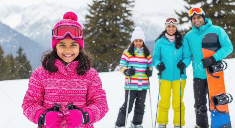 Joyful indian family at a snowy mountain resort with dressed in