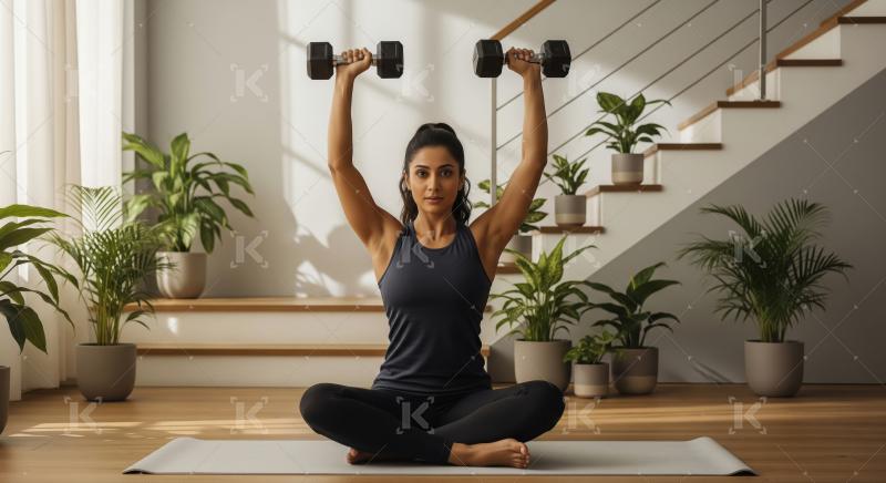 Dedicated Woman Strength Training with Dumbbells at Home