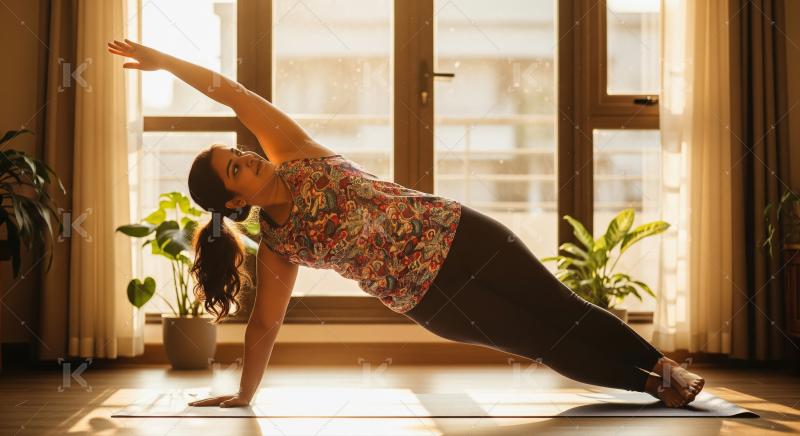 Woman practices side plank yoga pose in sunlit room